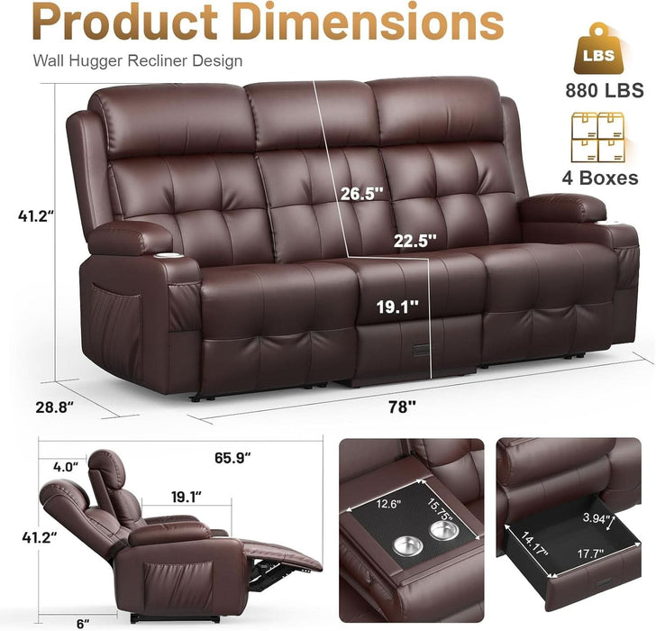 3-Seater Loveseat Recliner Sofa, Home Theater Seating Reclining Couch with Flip Middle Backrest, RV Wall Hugger Sleeper with LED Lights, Massage, Dawer & Cup Holders, 150° Recline for RV & Living Room
