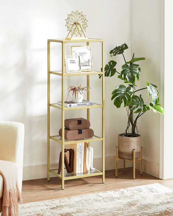 MetallicGold Finished Five Tier Tempered Glass Bookcase