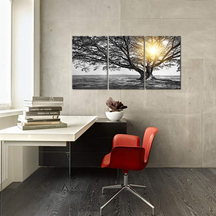 3 Piece Wall Art Black White Tree at Warm Sunrise Landscape Picture Photo Canvas Prints Nature Tree of Life Painting for Home Office Living Room Decor Stretched and Framed Ready to Hang