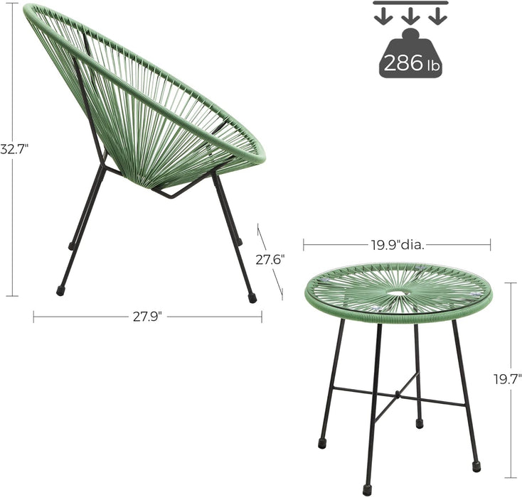 3-Piece Outdoor Seating Acapulco Chair, Modern Patio Furniture Set, Glass Top Table and 2 Chairs, Indoor and Outdoor Conversation Bistro Set, Light Green UGGF011C01