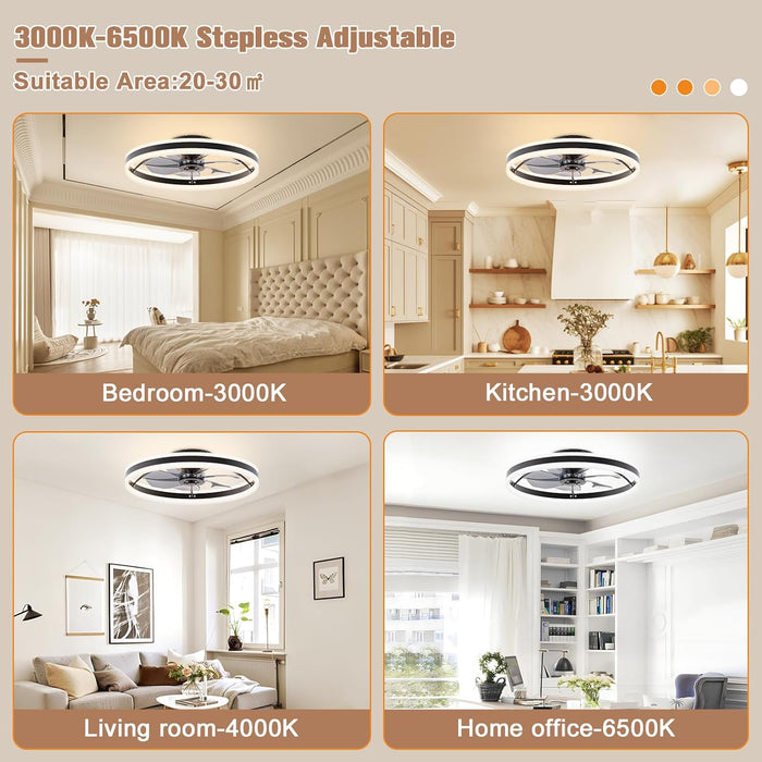 Low Profile Ceiling Fans with Lights and Remote, 23.6In Flush Mount Ceiling Fans with Light, 3000K-6500K Dimmable Fandelier LED Fan Light, Black Bladeless Ceiling Fans with Lights for Bedroom