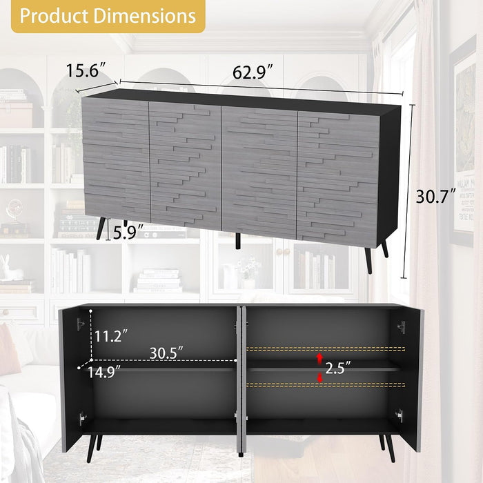 Modern Credenza Storage Cabinet: 63" Grey and Black Sideboard Buffet