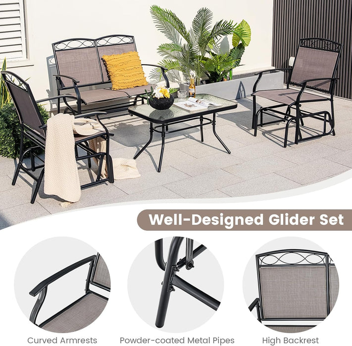 4 Pcs Patio Glider Set, Outdoor Gliding Loveseat W/Tempered Glass Coffee Table, Heavy-Duty Patio Furniture Set for Backyard, Porch, Poolside (4 PCS Patio Glider Set)