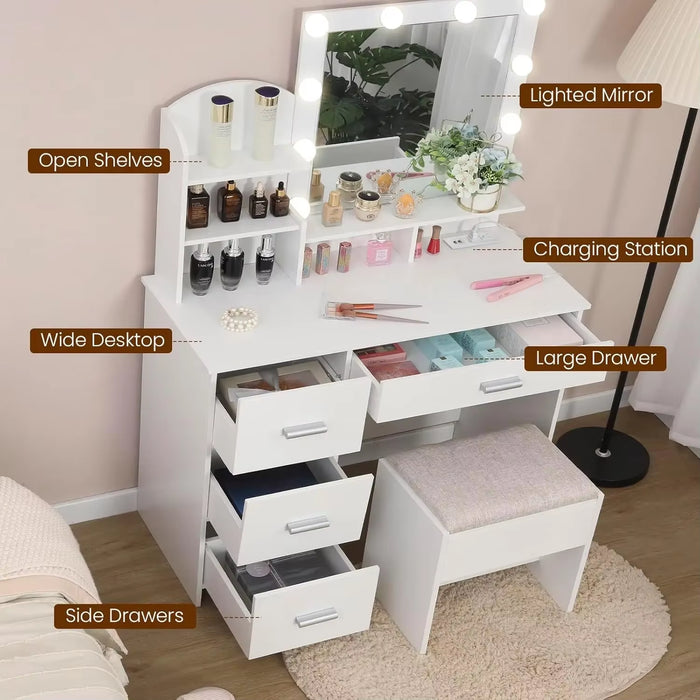 Makeup Vanity with 10 Light Bulbs and Charging Station, Vanity Desk with Lighted Mirror & 4 Drawers Chest, Vanity Set,New USA