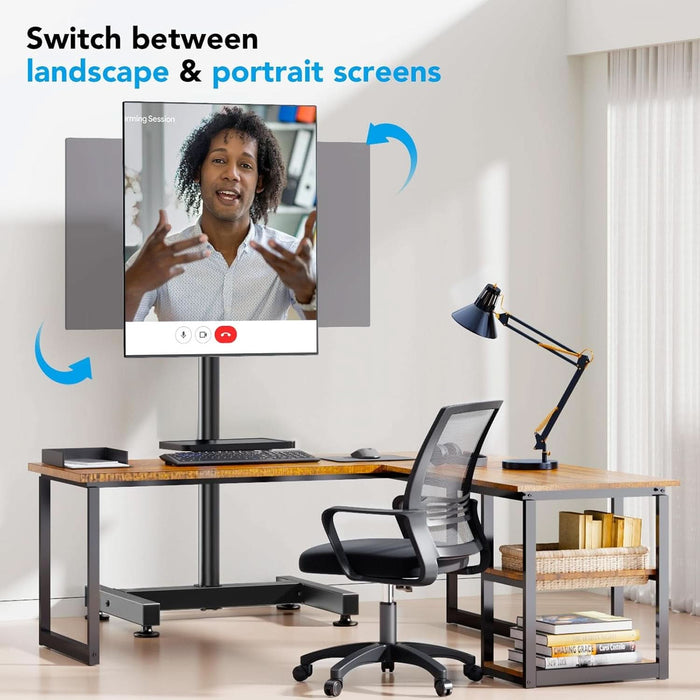 Floor TV Stand with Mount for 13-50 Inch Screens, Tilting and Height Adjustable Floor Monitor Stand Mount, Portrait to Landscape, Portable TV Stand with Shelf Holds up to 77Lbs Max VESA 200X200Mm