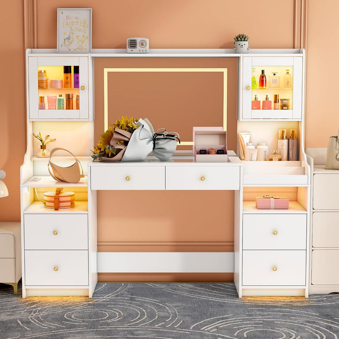 62" Large White Vanity Desk with Glass Top, Makeup Vanity with Mirror and LED Lights, One Piece Controls 3 Lighting Modes, 4 Drawers Vanity with 2 Cabinets and Power Outlet for Women, Girls