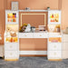 62" Large White Vanity Desk with Glass Top, Makeup Vanity with Mirror and LED Lights, One Piece Controls 3 Lighting Modes, 4 Drawers Vanity with 2 Cabinets and Power Outlet for Women, Girls