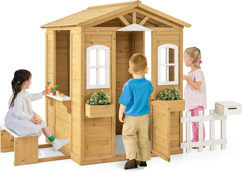 Outdoor Playhouse, Fir Wood Patio Pretend Play Center W/Bench, Mailbox, Fence, Serving Stations, Flowerpot Holders, Windows & Door, Children Play House for 2+ Years Old Kids