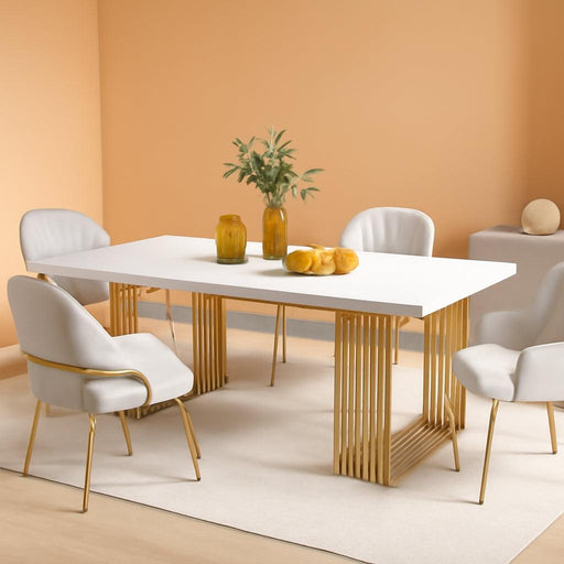 Modern Dining Table for 6-8 People, 70.8 Inches Long White Room Kitchen, Wood Kitchen with Gold Metal Legs, Rectangular Dinner Room, Family Gathering