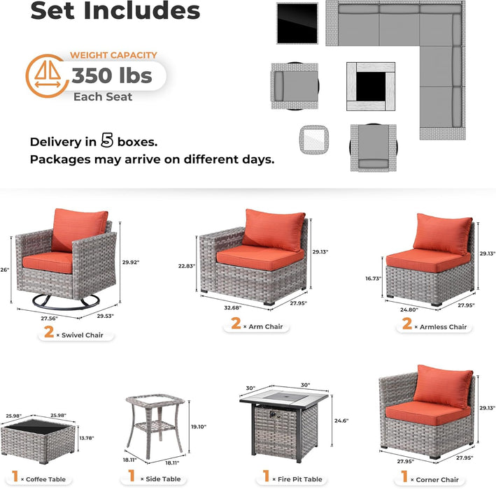 10 Pieces Patio Furniture Set, Outdoor Wicker Sectional Sofa with 30" Fire Pit Table Swivel Chairs, Modern Modular Deep Seat Rattan Couch Conversation Sets, Orange Red