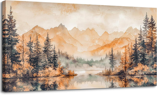 Large Fall Canvas Wall Art Prints, Misty Forest Gold Wall Decor Nature Lake Landscape Painting Yellow Forest Mountain Modern Watercolor Artwork for Living Room Bedroom Bathroom Office 20"X40"