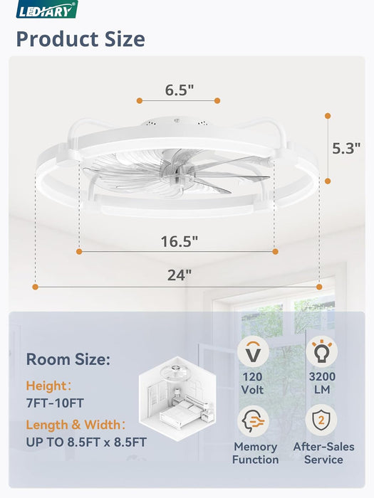 Ceiling Fans with Lights and Remote, 24'' Low Profile Ceiling Fan with Light, 3000-6000K Dimmable Fandelier LED Fan Light, 6 Wind Speeds, White Modern Flush Mount Ceiling Fan for Bedroom