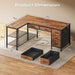 47 Inch L Shaped Desk with Power Outlets, 5 Fabric Drawers