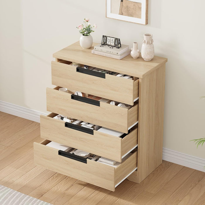 4 Drawer Dresser for Bedroom, Natural Chest of Drawers with Embedded Handles Design, Wooden Closet Organizer for Living Room, Nursery, Hallway