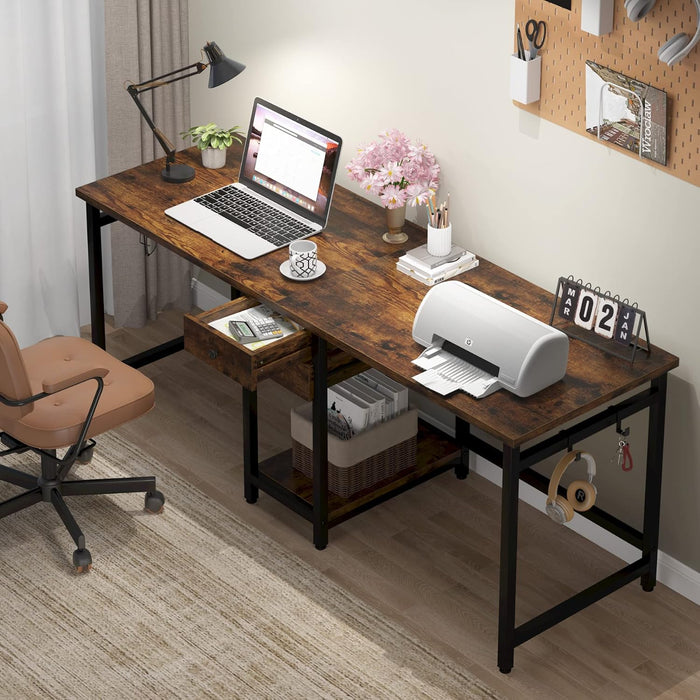 79" Double Desk, Two Person Desk with Storage Drawer, Long Desk Home Office Desks for 2 Person, Rustic Brown