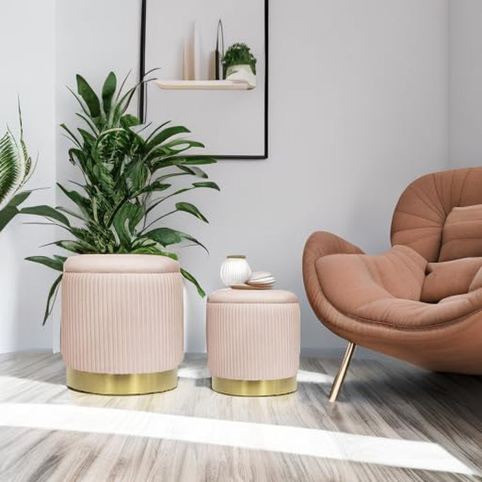 Round Ottoman with Storage Set of 2 Upholstered Velvet Vanity Stool for Living Room Storage Ottomans Multifunctional Foot Rest (Pink)