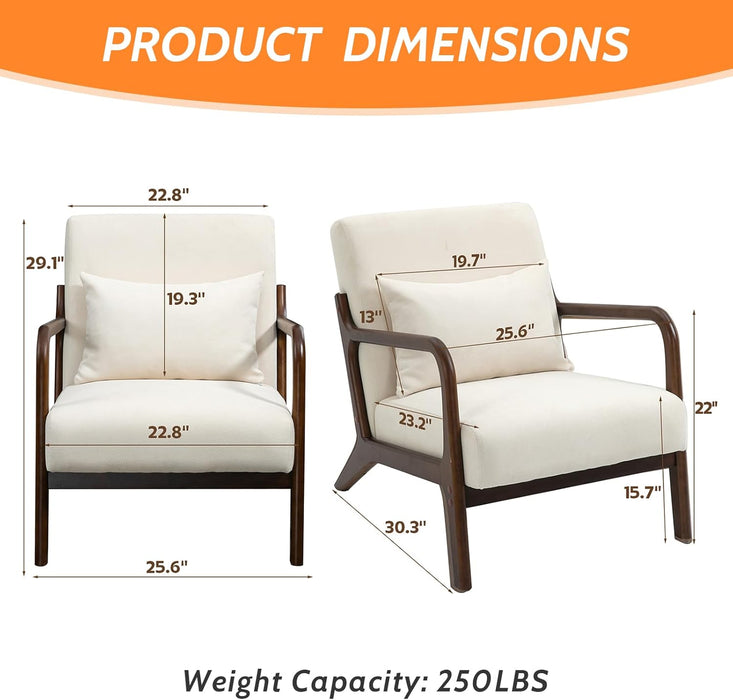 Modern Accent Chair, Cotton Linen Fabric Upholstered Lounge Armchair with Solid Wood Frame for Living Room, Bedroom, Reading Nook (White-Dark Brown Armrest)