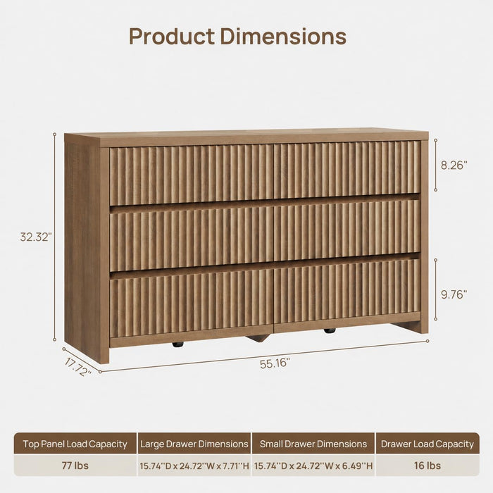 Fluted 6 Drawer Dresser for Bedroom– 55.2''W Large Chest of Drawers