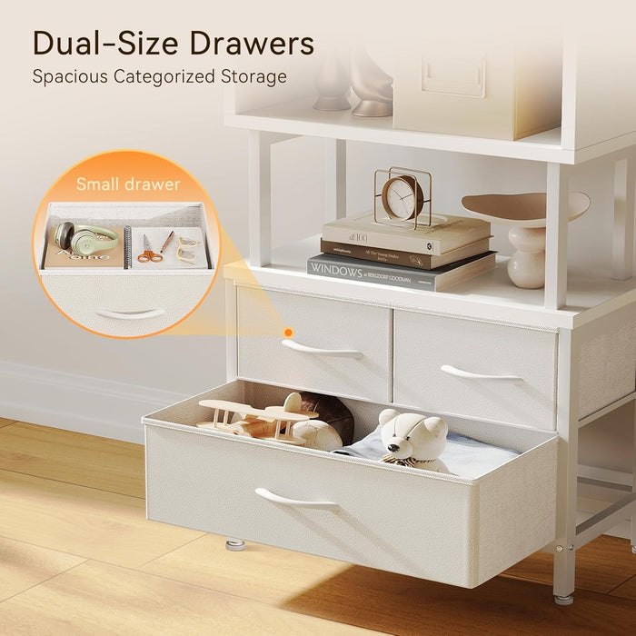 7 Tier Bookshelf, Tall Geometric Bookcase with Fabric Drawers, Modern Display Book Shelves Book Case for Living Room Bedroom, Wood Decorative Standing Shelving Unit for Home Office, White