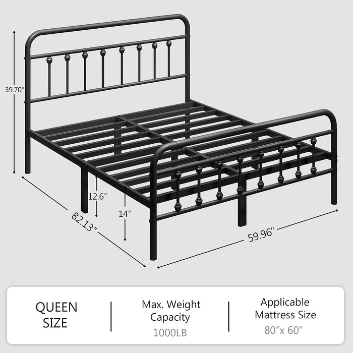 Queen Size Metal Bed Frame, Victorian Style Headboard and Footboard
