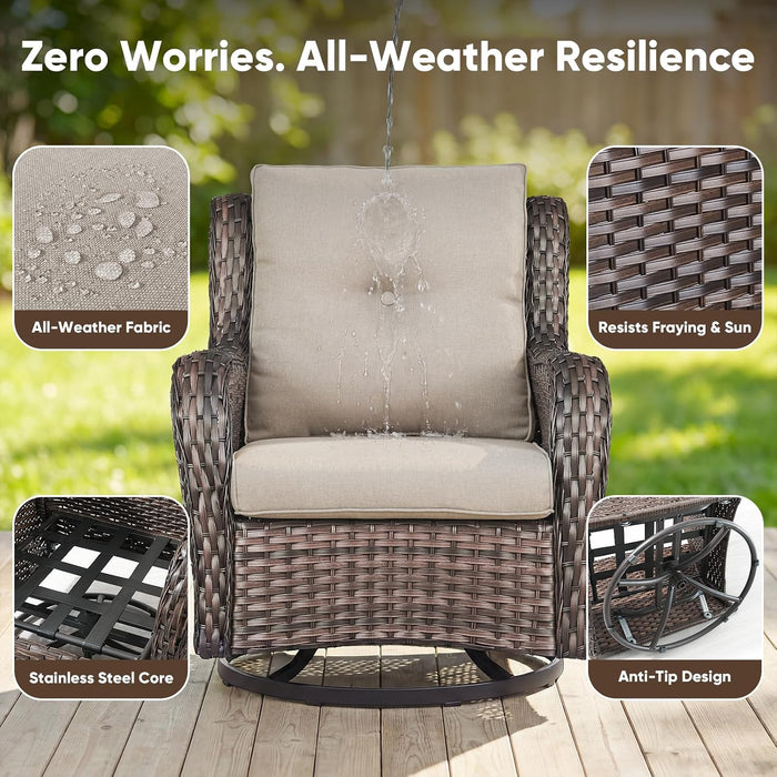 Outdoor Swivel Chairs Set of 2,Patio Wicker Rocker Chairs,All Weather Patio Conversation Furniture Set, Ideal for Porch Balcony Deck Yard, Brown Wicker/Beige