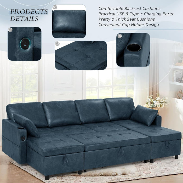 Blue Genuine Suede Leather 110Inch Sectional Sleeper