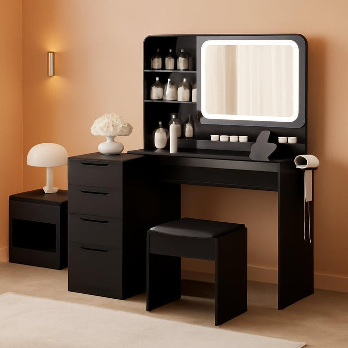 Vanity Desk with Lights and Mirror, L Shaped Makeup Table, Dresser with Hairdryer Holder and Power Outlet, Adjustable 3 Lighting Modes, 5 Drawers and Adjustabled Open Storage Shelves, Black