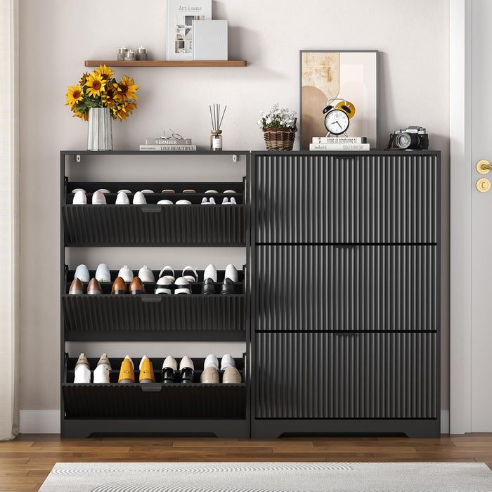 Black Fluted Shoe Cabinet With Adjustable Shelving