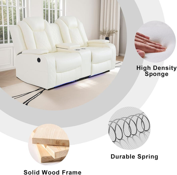 Living Room Set Leather Sofa Power Recliner Living Room Furniture Set Power Manual Loveseat with Cup Holders/Storage Console/Led Light for Living Room/Apartment(Creamy White, Loveseat)