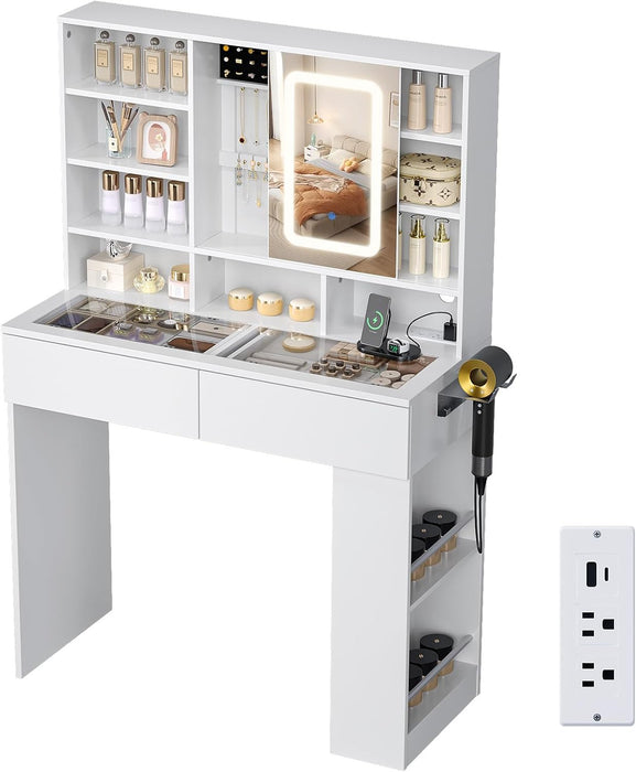 Vanity Desk with Sliding Mirror and Lights, Glass Top Makeup Vanity Table W/Shelves & Hidden Jewelry Storage & Power Outlets & Hairdryer Holder,54In White Dressing Table Gifts Girls