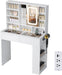 Vanity Desk with Sliding Mirror and Lights, Glass Top Makeup Vanity Table W/Shelves & Hidden Jewelry Storage & Power Outlets & Hairdryer Holder,54In White Dressing Table Gifts Girls