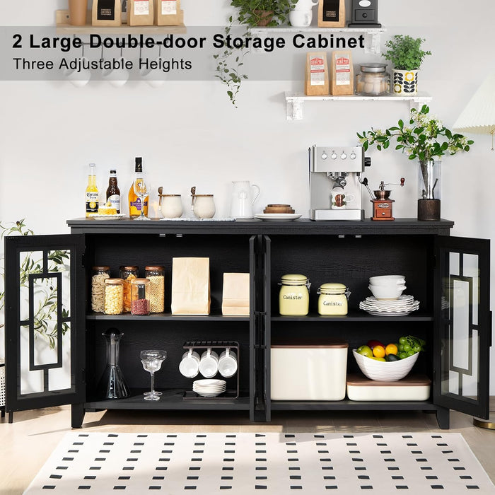 Large Sideboard Buffet Cabinet with Storage, 63" Black Farmhouse Kitchen Coffee Wine Bar Cabinet with 4 Glass Doors, Mid Century Modern Wooden Side Board Table for Dining Room, Living Room