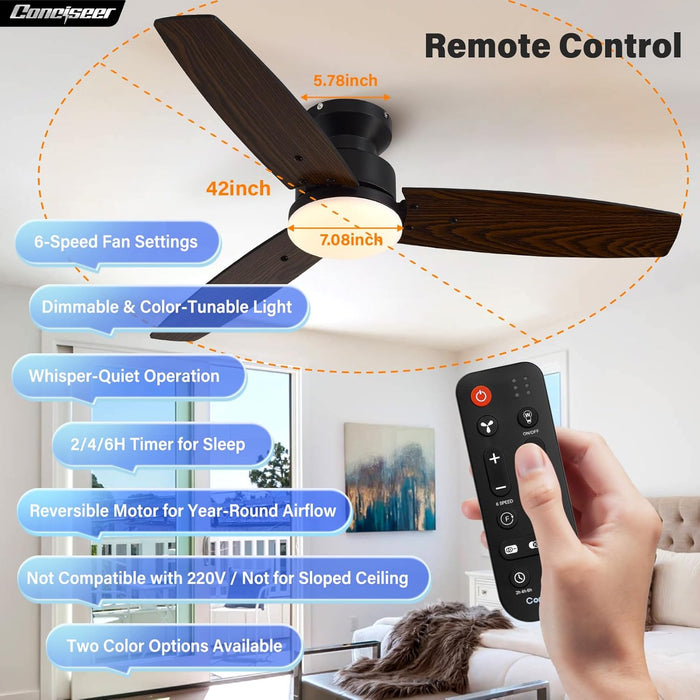 Modern 42 Inch Ceiling Fans with Lights and Remote for Bedroom Office, Flush Mount, 18W 6CCT Dimmable, Dual Color 3 Blades 6 Speed Reversible Quiet DC Motor, Black/Wood Grain