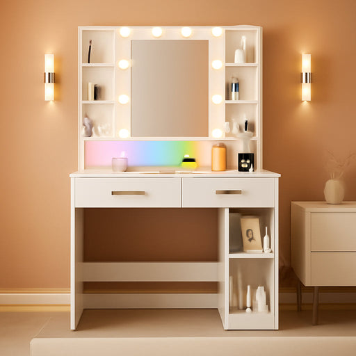 Vanity Desk with LED Lights Mirror & Charging Station, Makeup Vanity with Storage Drawers and Shelves, Modern Dressing Table for Women Girls Bedroom, Ivory White