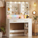 Vanity Desk with LED Lights Mirror & Charging Station, Makeup Vanity with Storage Drawers and Shelves, Modern Dressing Table for Women Girls Bedroom, Ivory White
