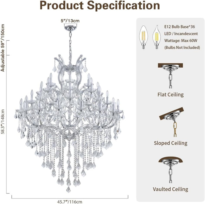 Large Modern Chandelier Light Fixtures - 36 Lights, 4 Layers Chrome Crystal Chandeliers for Hotel, Lobby, Foyer, Entrance Hall, Staircase