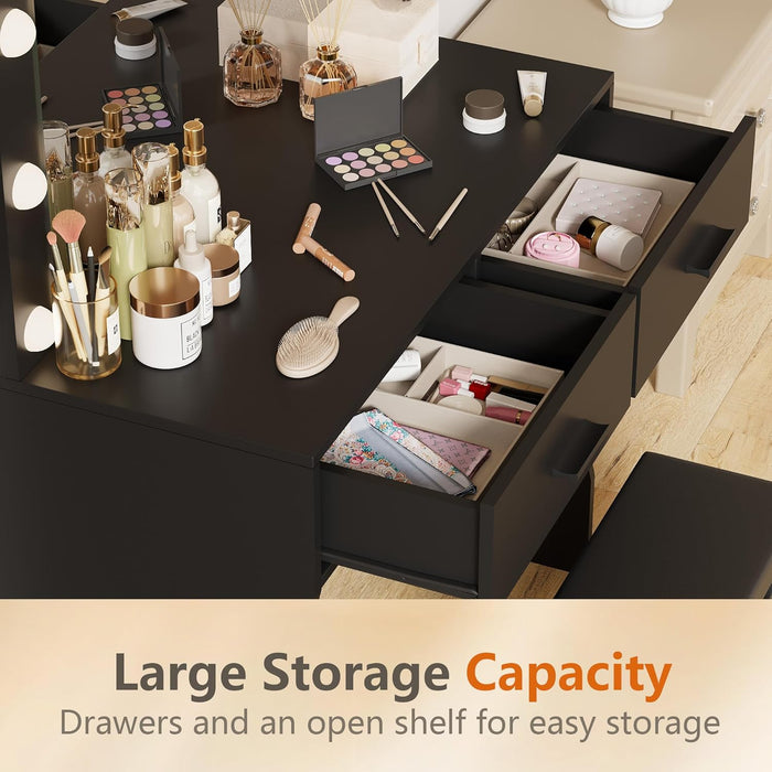 Makeup Vanity Desk with Large Lighted Mirror，35.4 Inch Makeup Vanity Table with 2 Drawers，Soft-Padded Storage Stool，3 Lighting Modes Available, Suitable for Bedrooms（Black）