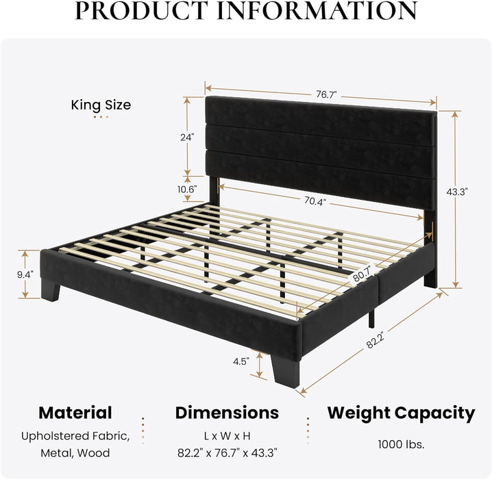 King Platform Bed Frame with Velvet Upholstered Headboard, Mattress Foundation with Strong Wooden Slats Support, No Box Spring Needed, Black
