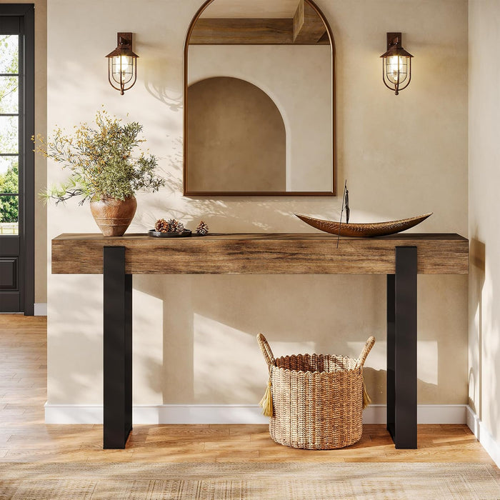 63-Inch Long Console Table, Solid Wood Sofa Table behind the Couch with Metal Support, Farmhouse Entryway Furniture for Entrance, Hallway, Living Room, Rustic Brown & Black