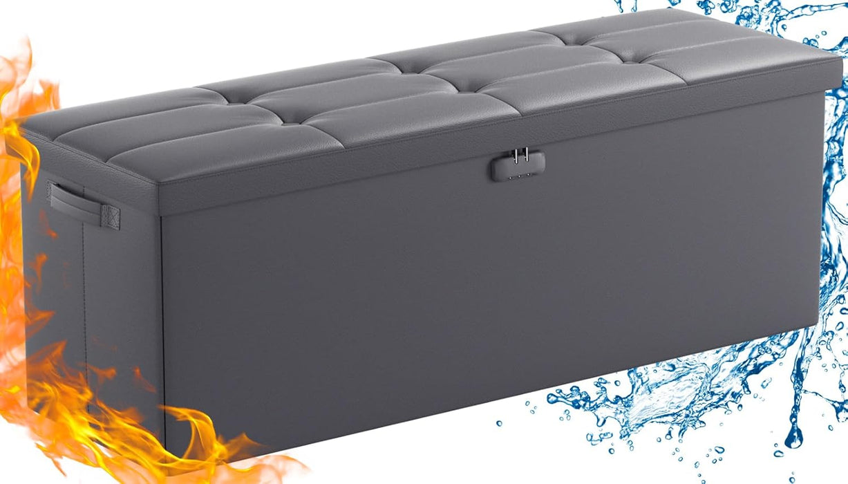 Storage Ottoman, Fireproof Folding Bench with Lock(15”X 43”X15”), Water-Resistant ＆ Heat Insulation Large Storage Chest with Handles＆2 Extra Spaces Safe for Living Room, Bedroom, Home, Grey
