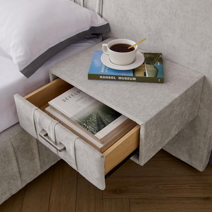 Queen Size Bed Frame with Built-In LED Lights and Nightstands, Chenille Upholstered Queen Platform Bed with Oversize Headboard,Pleated Design Grounded Bed,No Box Spring Needed,Beige