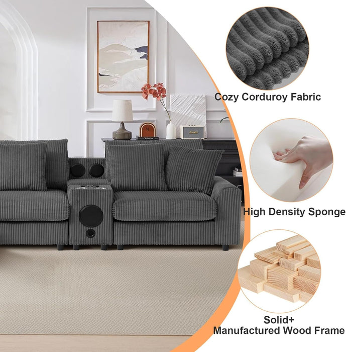 114 Inch Corduroy Sectional Couch With Bluetooth Speakers - ShipItFurniture