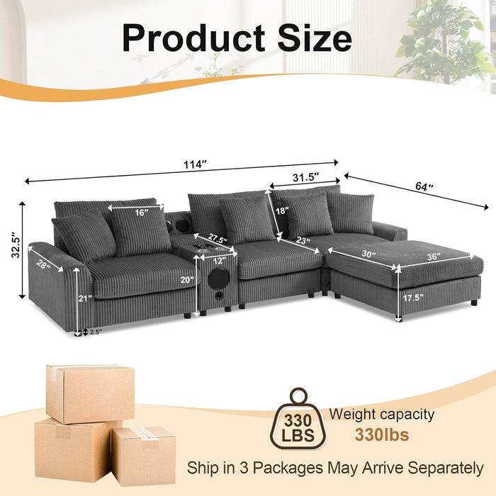114 Inch Corduroy Sectional Couch With Bluetooth Speakers - ShipItFurniture