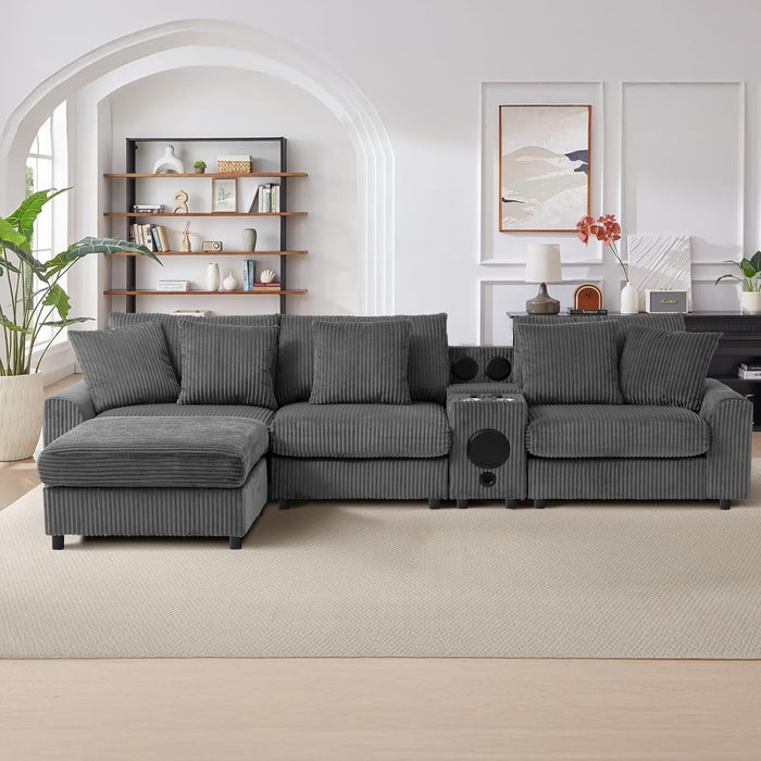 114 Inch Corduroy Sectional Couch With Bluetooth Speakers - ShipItFurniture