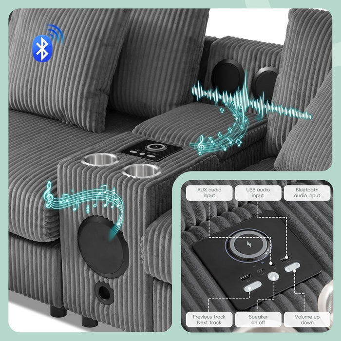 114 Inch Corduroy Sectional Couch With Bluetooth Speakers - ShipItFurniture
