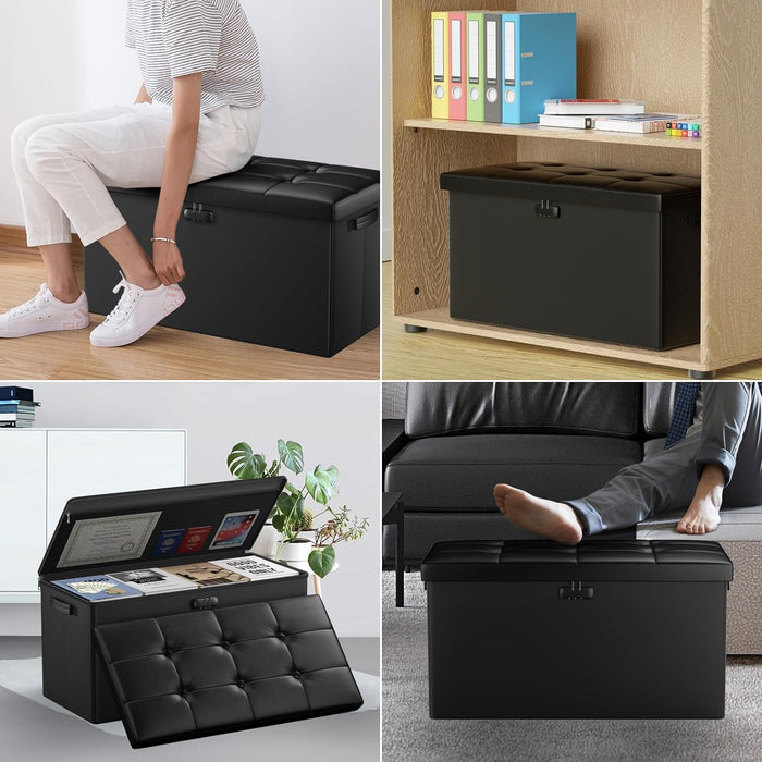Storage Ottoman Bench with Lock,Fireproof 30 Inches Folding Bench Foot Rest Stool Storage Chest Safe for Living Room,Bedroom,Home Office,Waterproof Leather Ottoman with Handles,Black