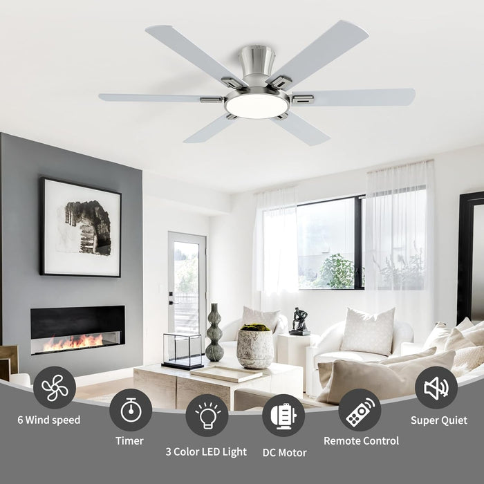 52 Inch Brushed Nickel Ceiling Fans with Lights and Remote,Flush Mount Low Profile 6 Blades Ceiling Fan with 10 Inch Lighting Fixture,Quiet Reversible DC Motor for Living Room,Bedroom and Patio