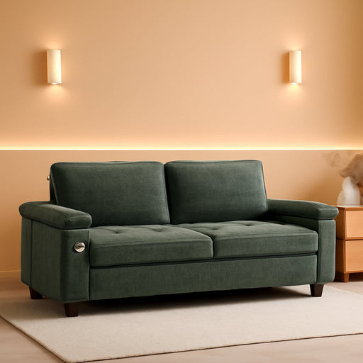 Green Chenille Loveseat With USB Ports CupholderStorage