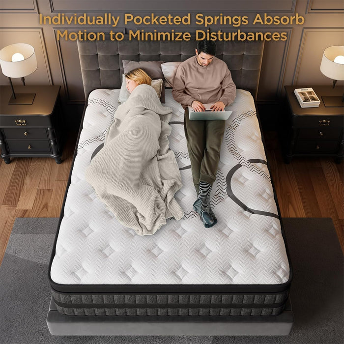 Queen Mattress 14 Inch Hybrid Mattress Euro Top Medium Firm for Back & Lumbar Support [New Version], 365 Night Trial, Individual Pocket Spring for Motion Isolation & Pressure Relief