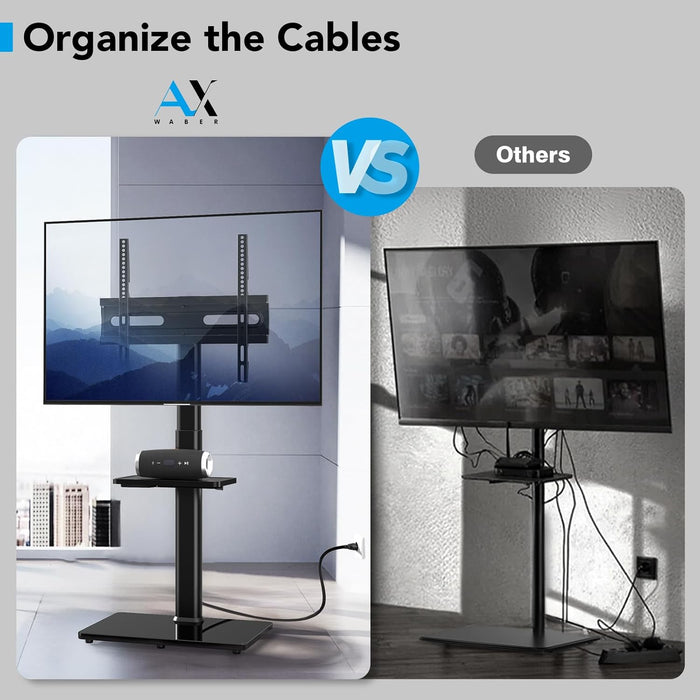 Floor TV Stand with Power Outlet& Shelf, Universal TV Stand Mount for 27-65 Inch TV up to 88Lbs, 70 Degree Swivel 9 Level Height Adjustable with Tempered Glass Base for Bedroom, Office Black